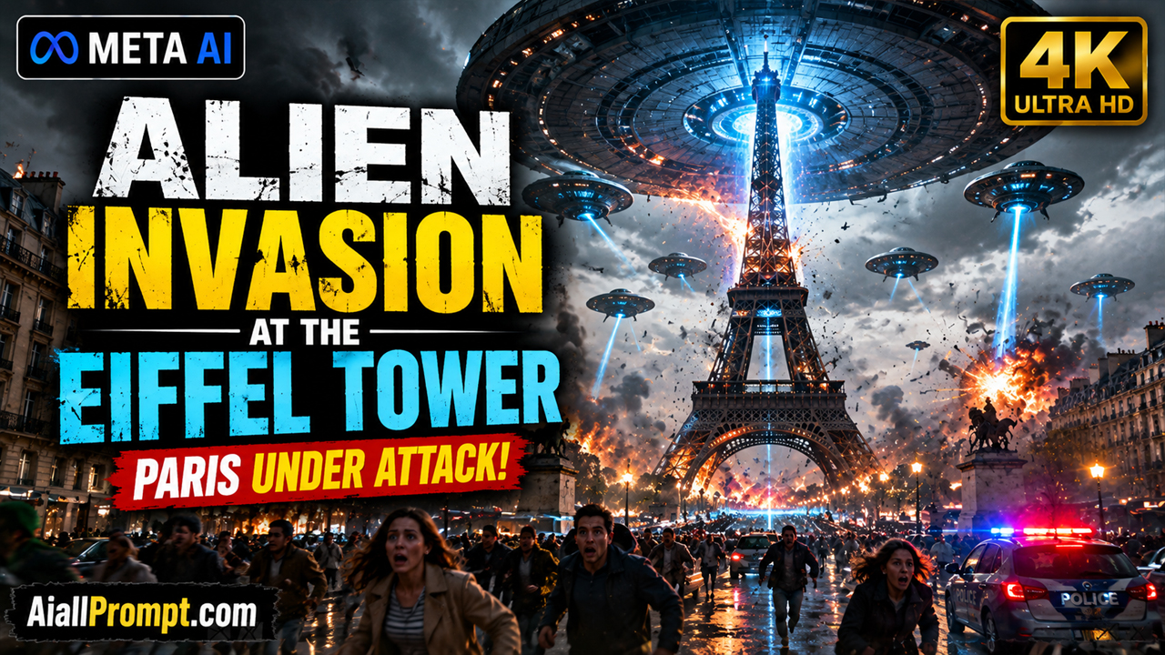 Alien Invasion at the Eiffel Tower AI Prompt (Meta AI) – Ultra Realistic Cinematic AI Video