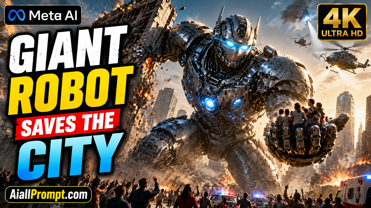 Giant Robot Saves the City AI Prompt (Meta AI) – Ultra Realistic Cinematic AI Video