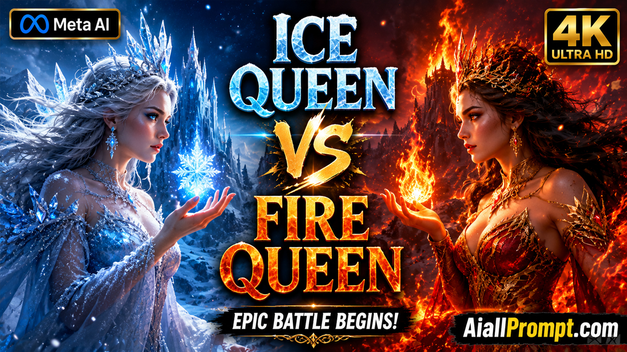 Ice Queen vs Fire Queen AI Prompt (Meta AI) – Ultra Realistic Cinematic AI Video