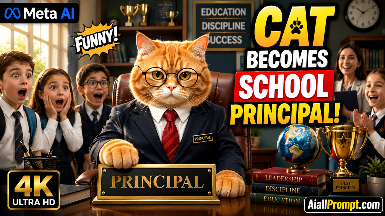 Cat Becomes School Principal AI Prompt (Meta AI) – Funny Cinematic AI Video Prompt for Viral Reels