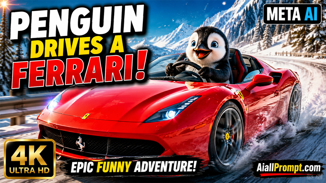 Penguin Drives a Ferrari AI Prompt (Meta AI) – Ultra Realistic Cinematic AI Video