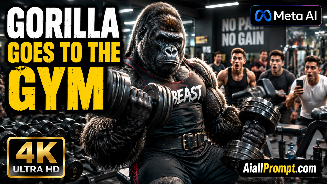 Gorilla Goes to the Gym AI Prompt (Meta AI) – Ultra Realistic Cinematic AI Video
