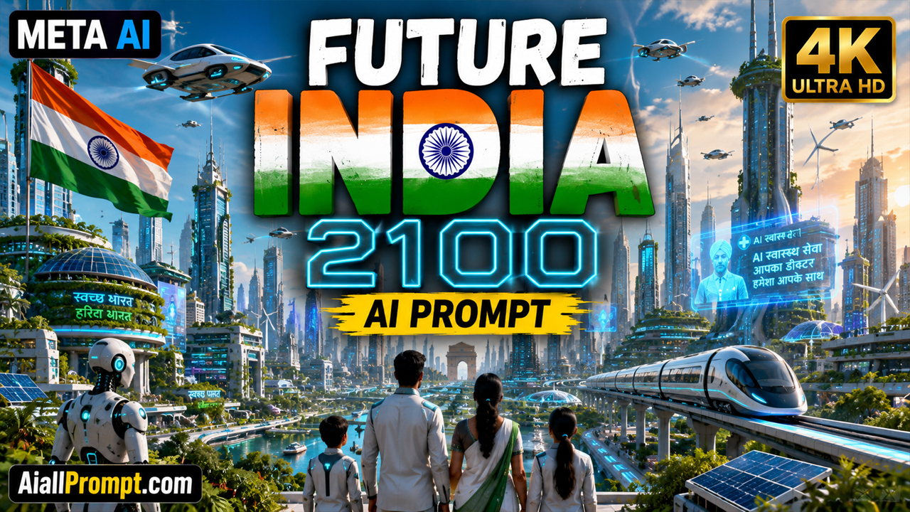 Future India 2100 AI Prompt (Meta AI) – Ultra Realistic Futuristic Cinematic Video