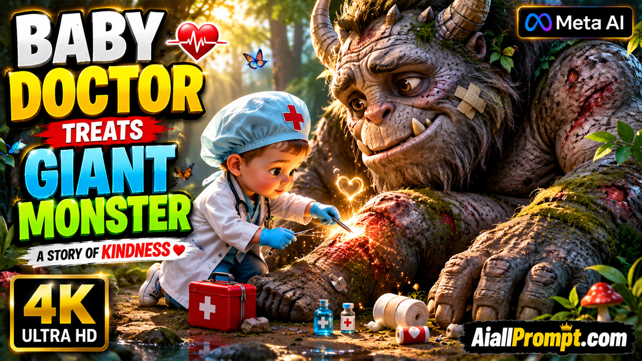 Baby Doctor Treats Giant Monster AI Prompt (Meta AI) – Ultra Realistic Cinematic AI Video