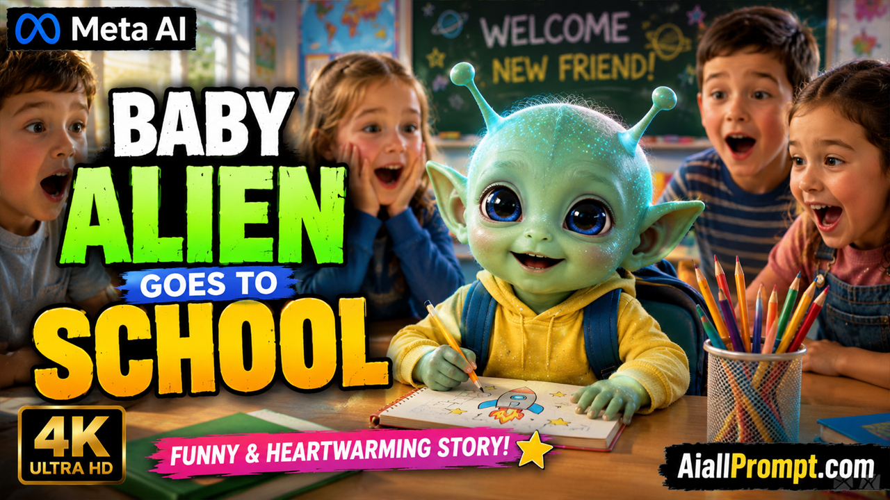 Baby Alien Goes to School AI Prompt (Meta AI) – Ultra Realistic 4K Cinematic AI Video