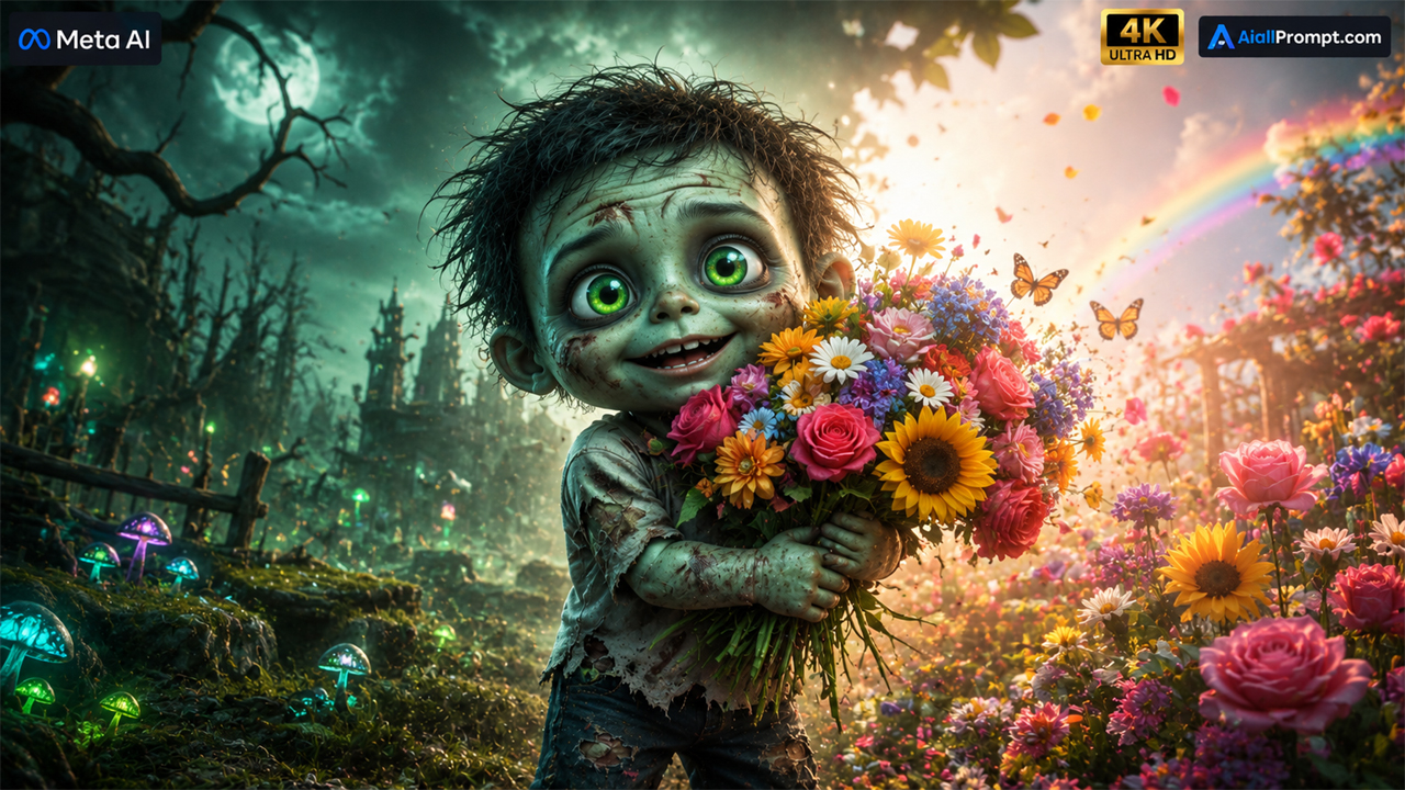 Baby Zombie Falls in Love with Flowers AI Prompt (Meta AI) – Ultra Realistic Cinematic AI Video
