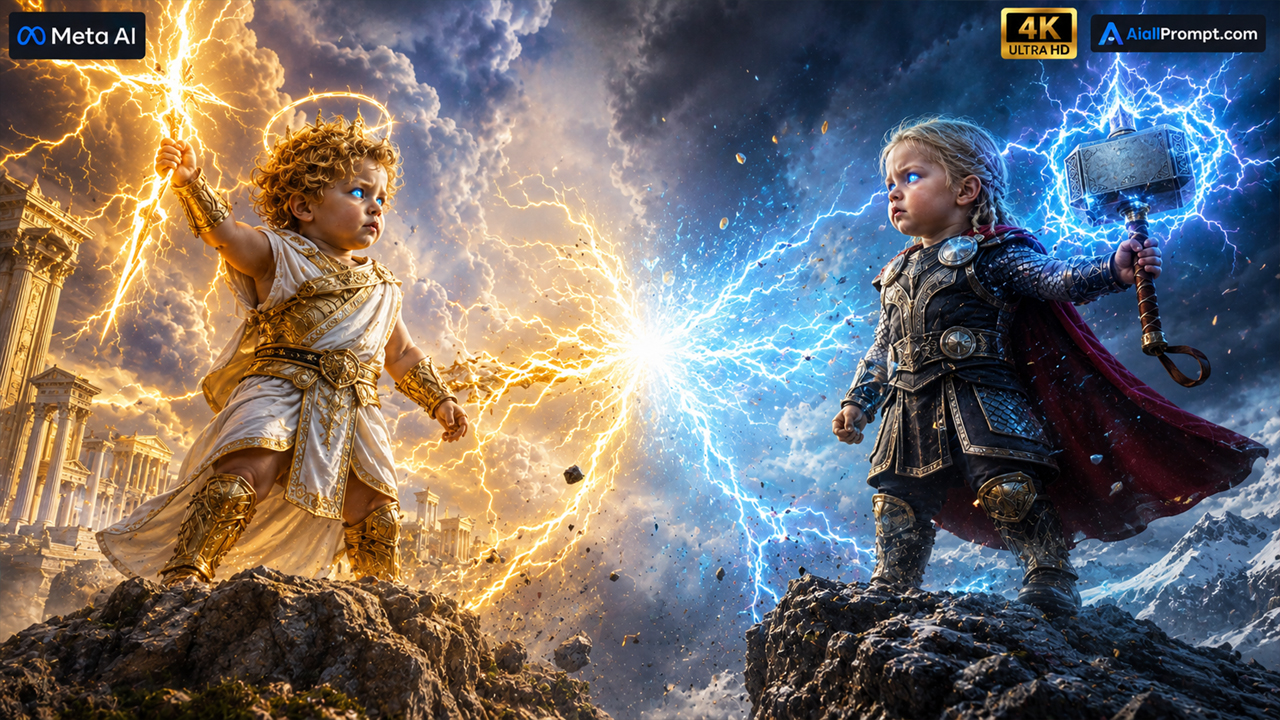 Baby Zeus vs Baby Thor AI Prompt (Meta AI) – Ultra Realistic Cinematic AI Video