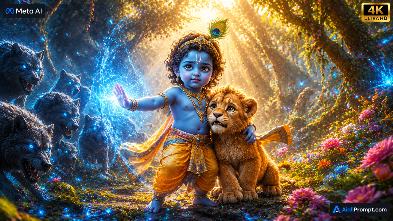 Baby Krishna Saves Baby Lion AI Prompt (Meta AI) – Ultra Realistic Cinematic AI Video