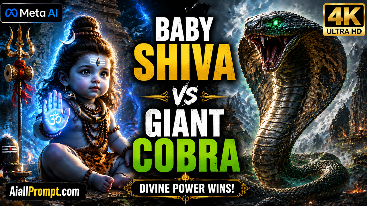 Baby Shiva vs Giant Cobra AI Prompt (Meta AI) – Cinematic 4K AI Video Prompt