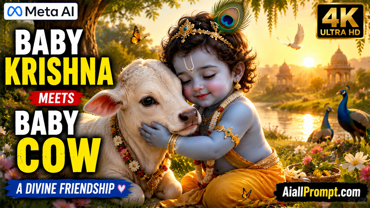 Baby Krishna Meets Baby Cow AI Prompt (Meta AI) – Ultra Realistic Cinematic AI Video