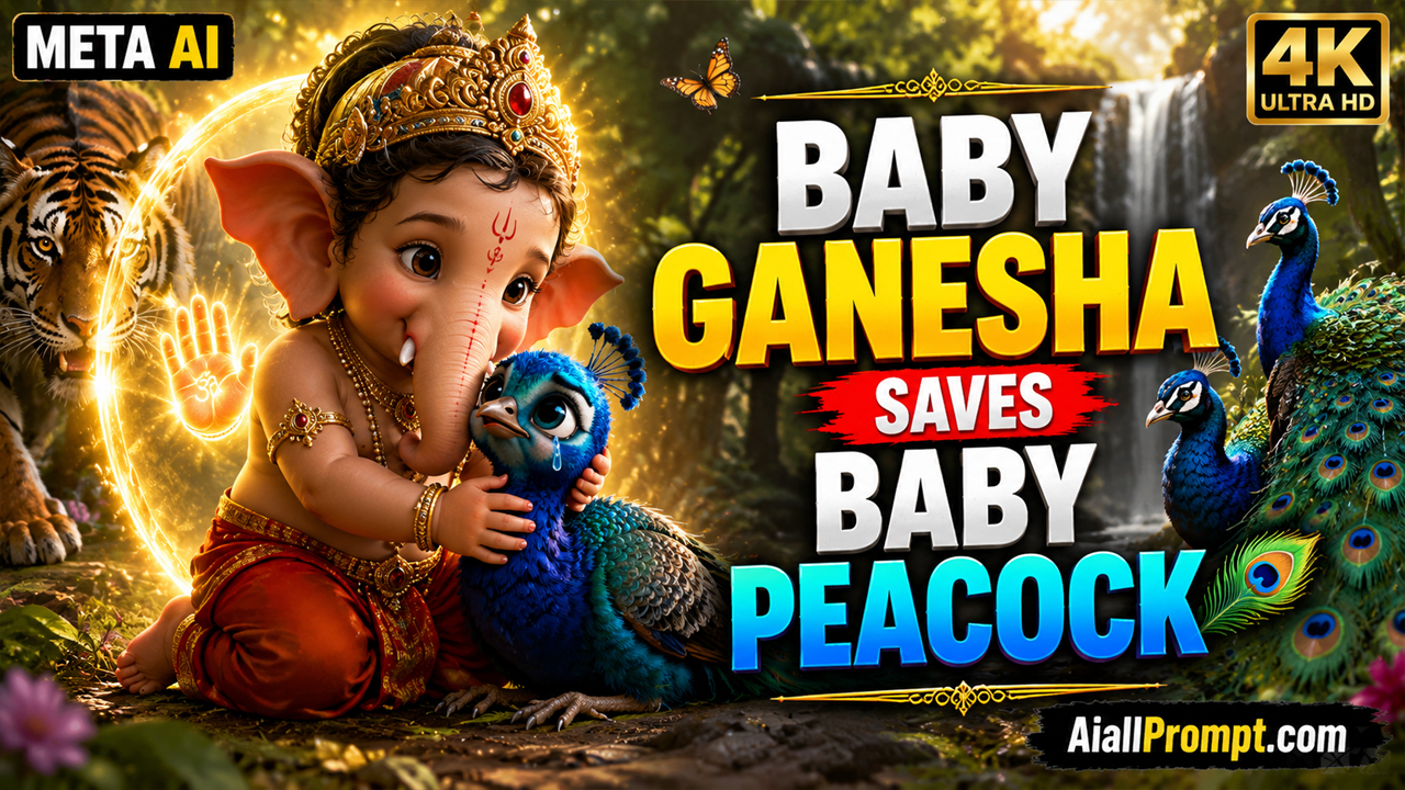 Baby Ganesha Saves Baby Peacock AI Prompt (Meta AI) – Cinematic 4K AI Video Prompt