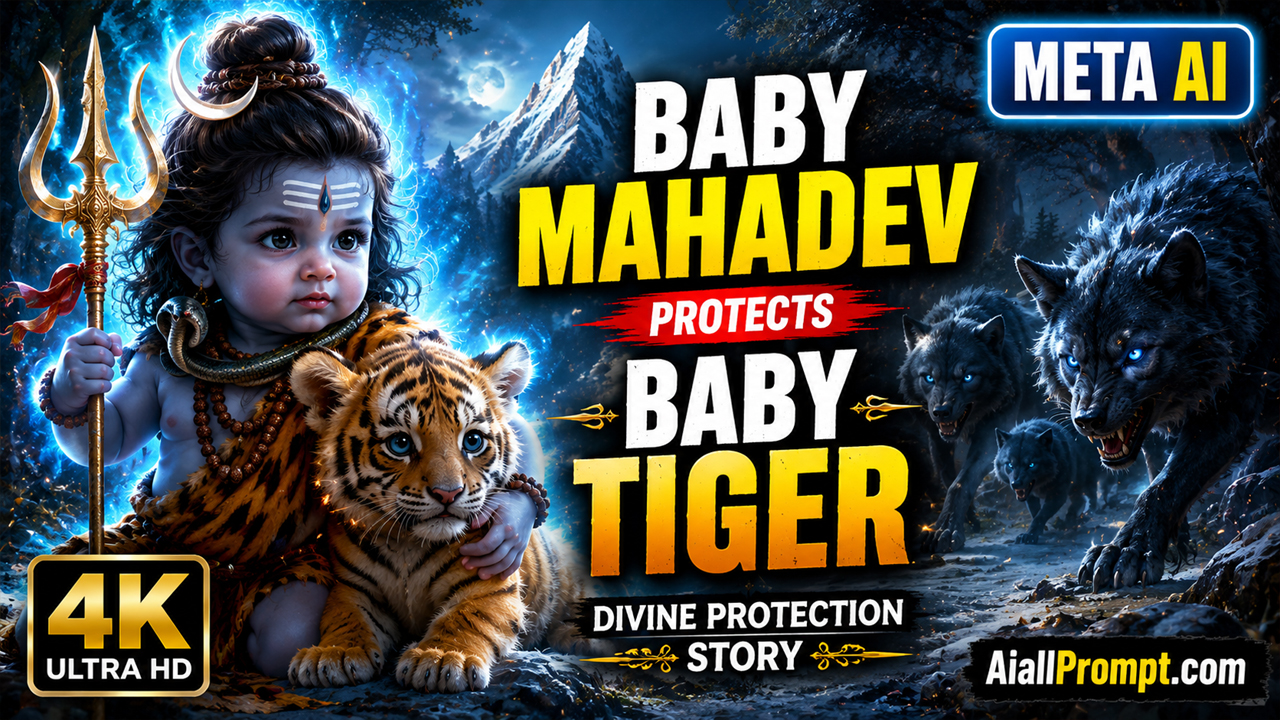 Baby Mahadev Protects Baby Tiger AI Prompt (Meta AI) – Ultra Realistic Cinematic AI Video