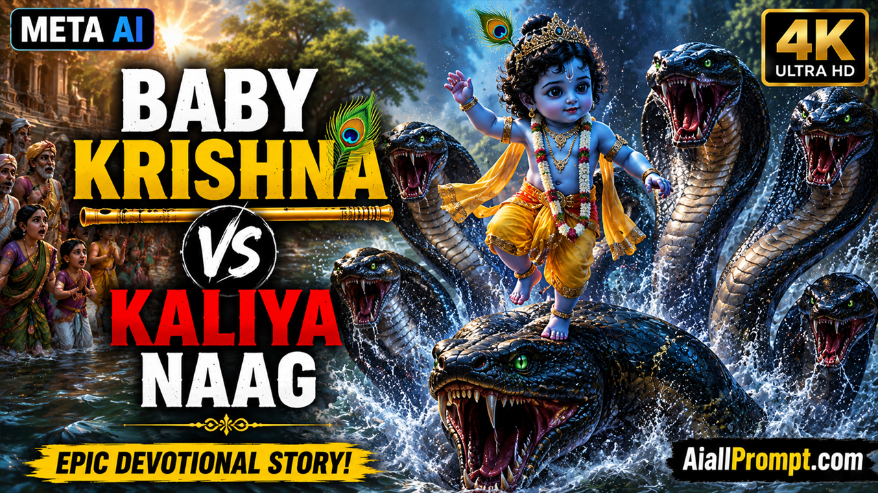 Baby Krishna vs Kaliya Naag AI Video Prompt (Meta AI) – Ultra Realistic Cinematic 4K Shorts