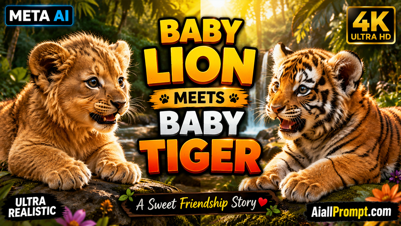 Baby Lion Meets Baby Tiger AI Prompt (Meta AI) – Ultra Realistic Cinematic AI Video
