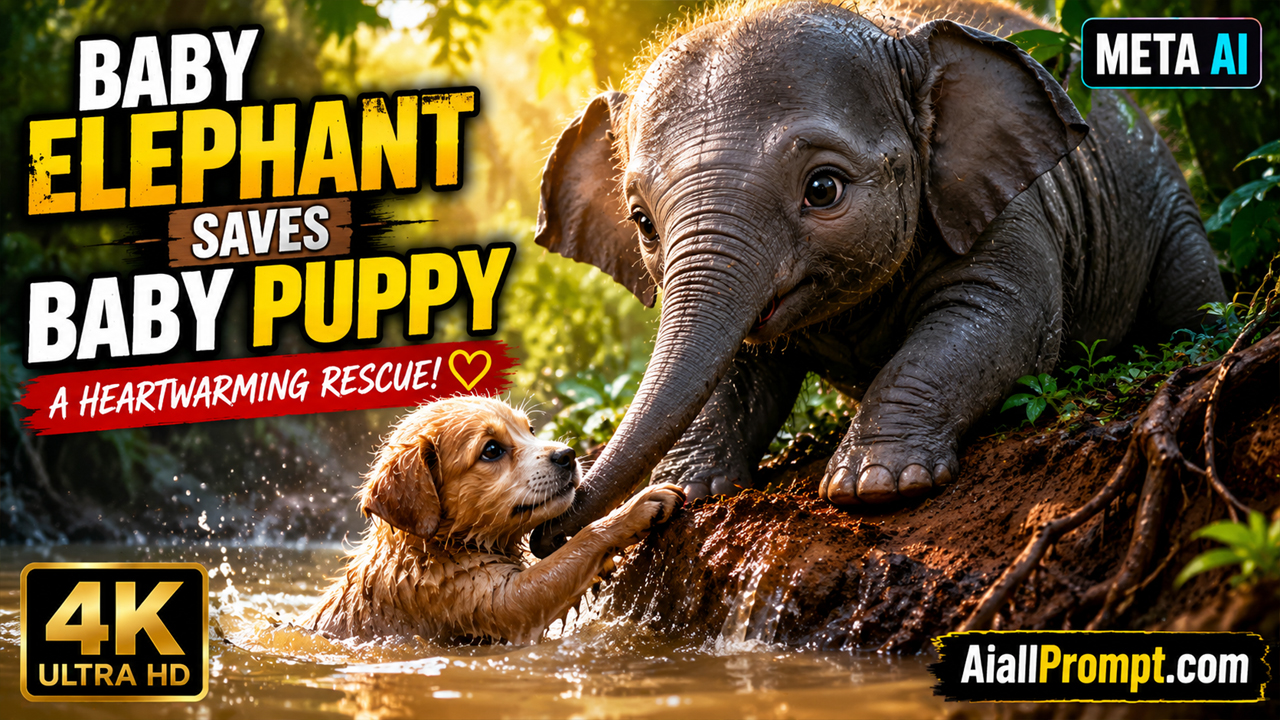 Baby Elephant Saves Baby Puppy AI Prompt (Meta AI) – Ultra Realistic Cinematic Rescue Video