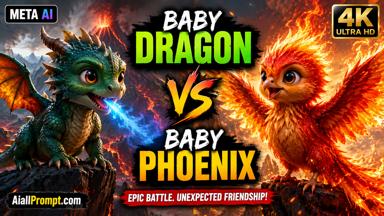 Baby Dragon vs Baby Phoenix AI Prompt (Meta AI) – Ultra Realistic Cinematic AI Video
