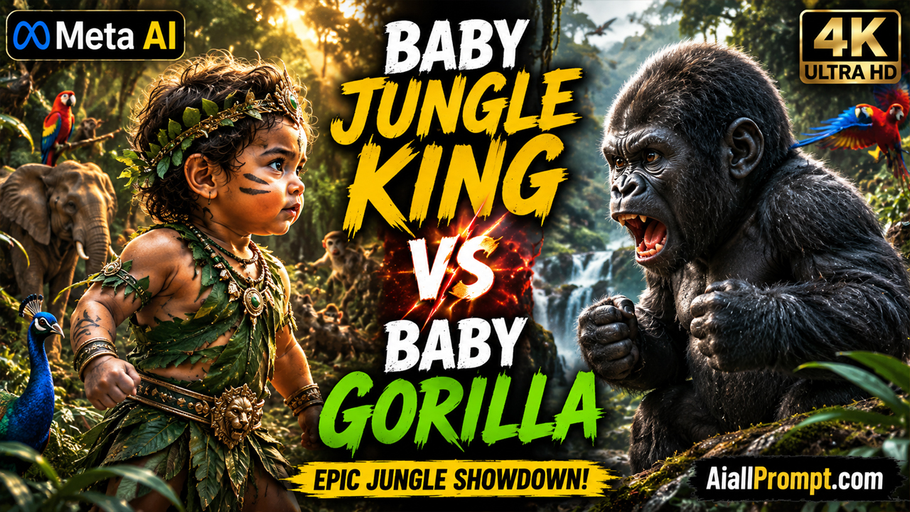 Baby Jungle King vs Baby Gorilla AI Prompt (Meta AI) – Ultra Realistic Cinematic AI Video