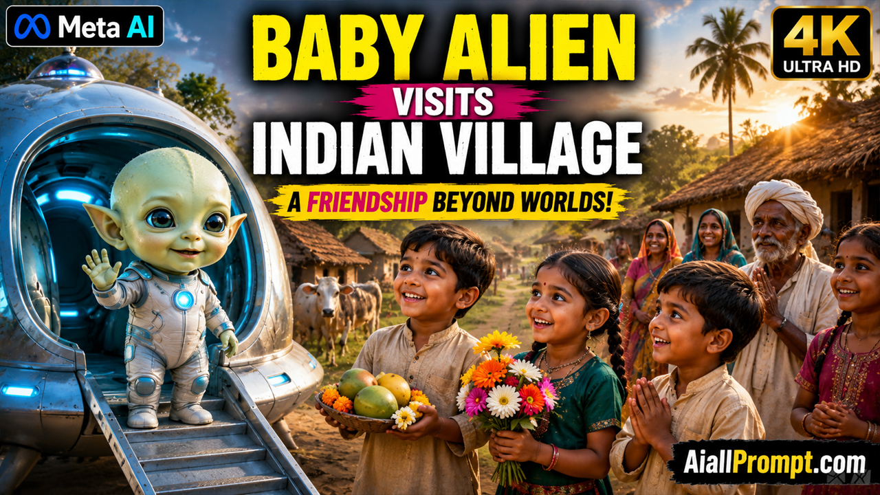 Baby Alien Visits Indian Village AI Prompt (Meta AI) – Ultra Realistic Cinematic AI Video