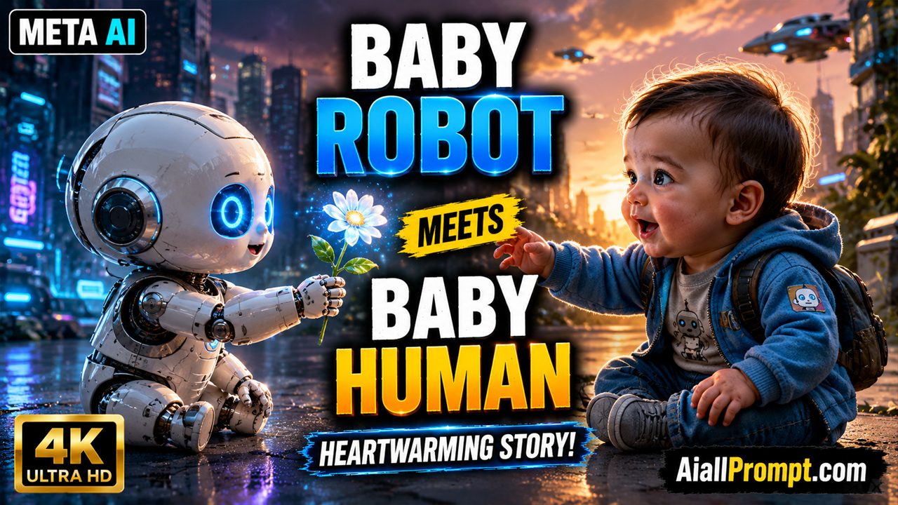 Baby Robot Meets Baby Human AI Prompt (Meta AI) – Cinematic 4K AI Video Prompt