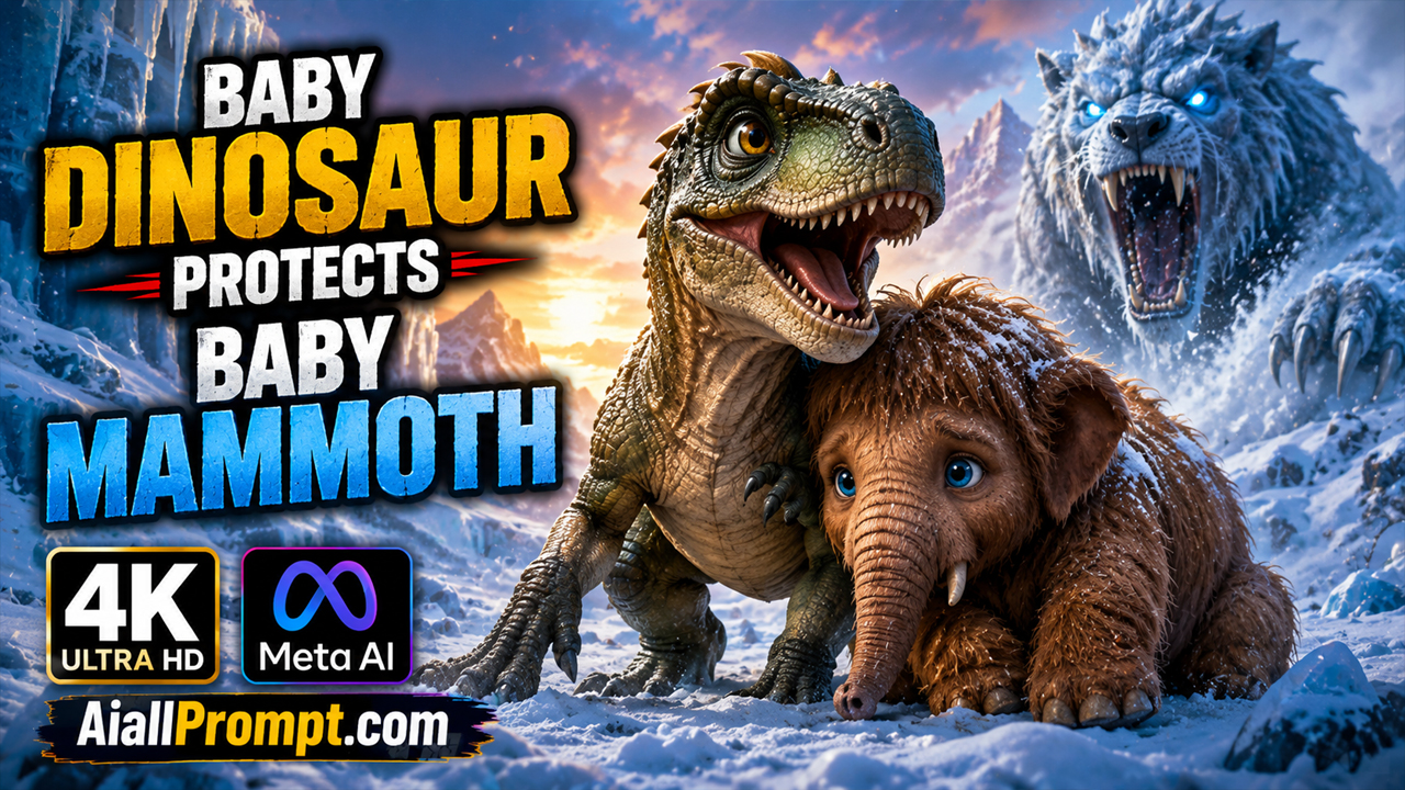 Baby Dinosaur Protects Baby Mammoth AI Prompt (Meta AI) – Cinematic 4K AI Video