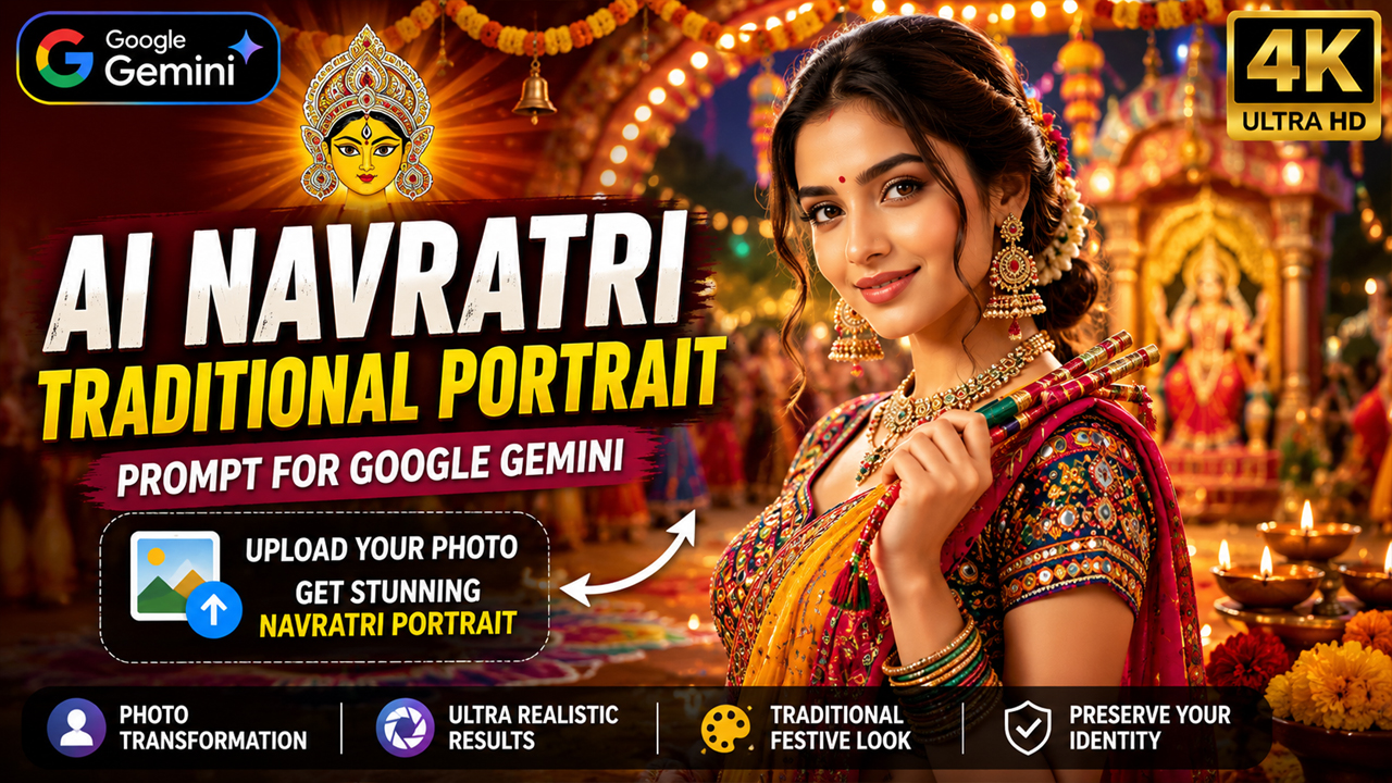 AI Navratri Traditional Portrait Prompt for Google Gemini (Ultra Realistic 4K Photo Transformation)