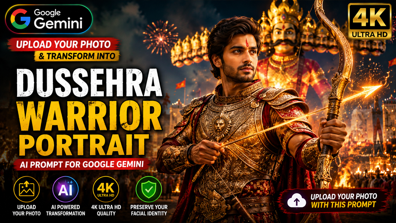 AI Dussehra Warrior Portrait Prompt for Google Gemini (Ultra Realistic 4K Photo Transformation)
