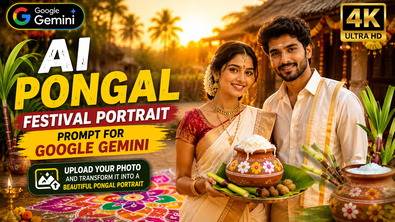 AI Pongal Festival Portrait Prompt for Google Gemini (Transform Your Photo into a Traditional Pongal Celebration)