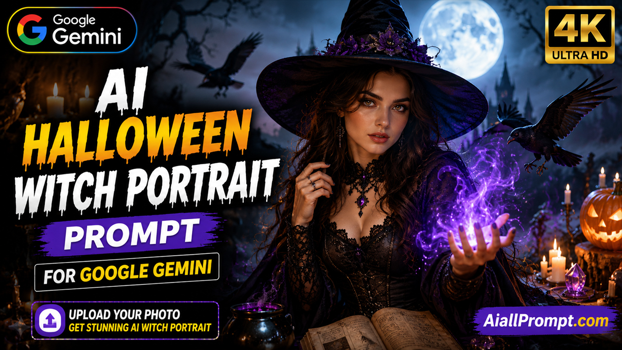 AI Halloween Witch Portrait Prompt for Google Gemini (Ultra Realistic 4K Photo Transformation)