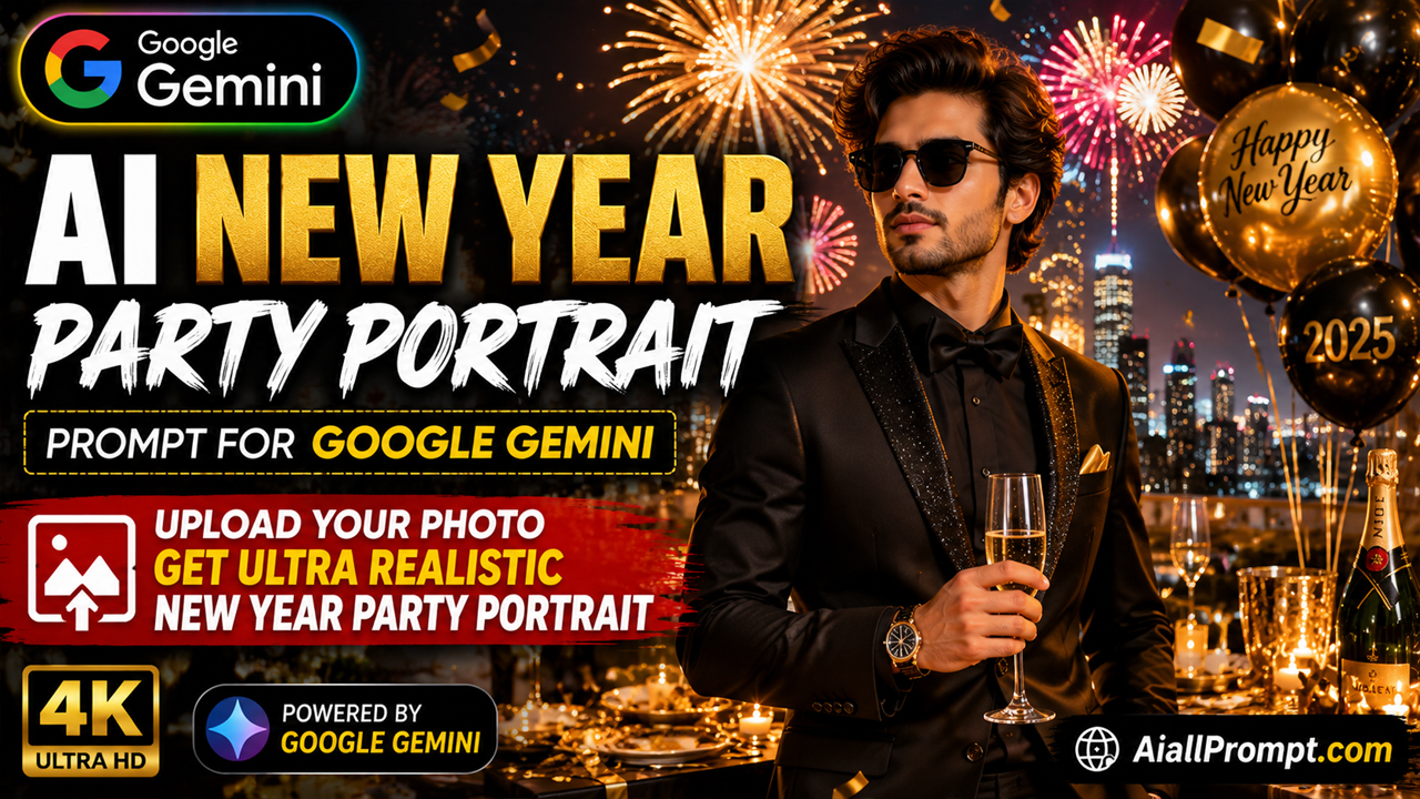 AI New Year Party Portrait Prompt for Google Gemini 2027 (Ultra Realistic 4K)