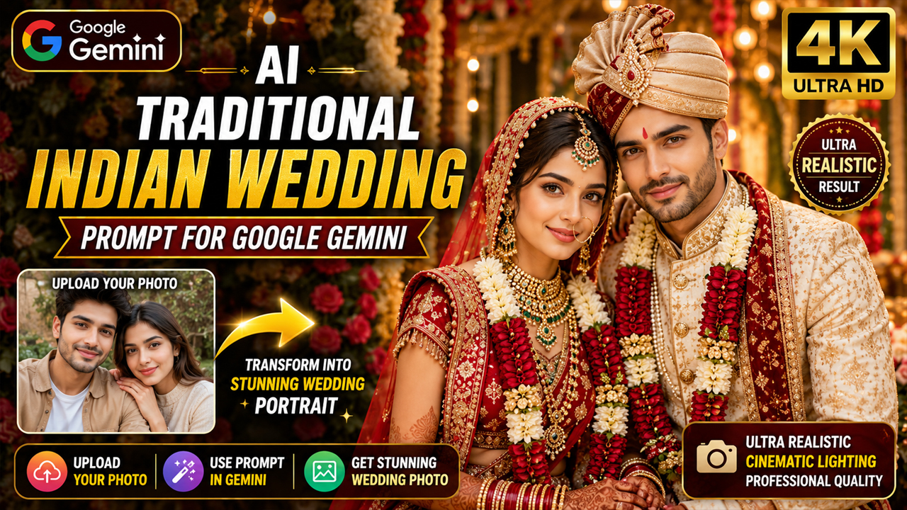 AI Traditional Indian Wedding Prompt for Google Gemini (Ultra Realistic 4K Photo Transformation)