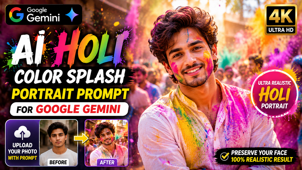 AI Holi Color Splash Portrait Prompt for Google Gemini (Ultra Realistic 4K)