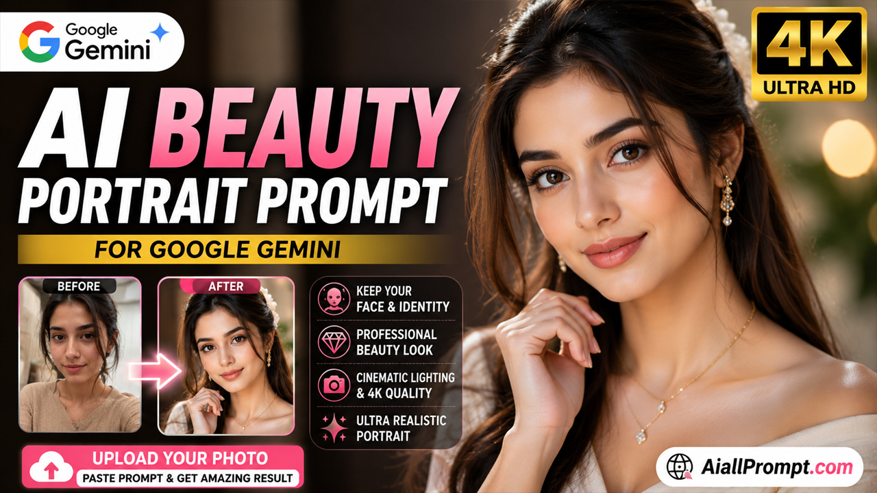 AI Beauty Portrait Prompt for Google Gemini (Ultra Realistic 4K Photo Transformation)