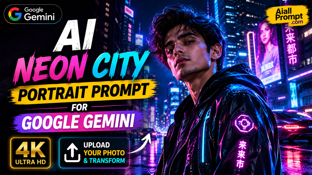 AI Neon City Portrait Prompt for Google Gemini (Ultra Realistic 4K Photo Transformation)