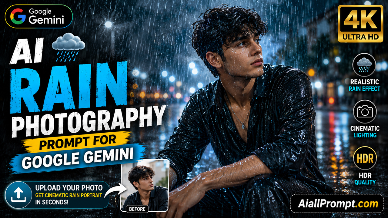 AI Rain Photography Prompt for Google Gemini (Ultra Realistic 4K Photo Transformation)