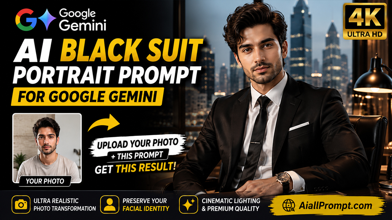 AI Black Suit Portrait Prompt for Google Gemini (Ultra Realistic 4K Photo Transformation)