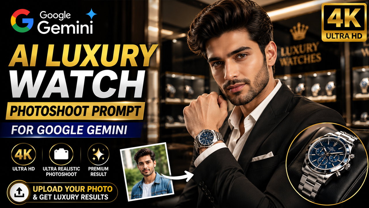 AI Luxury Watch Photoshoot Prompt for Google Gemini (Ultra Realistic 4K Photo Transformation)