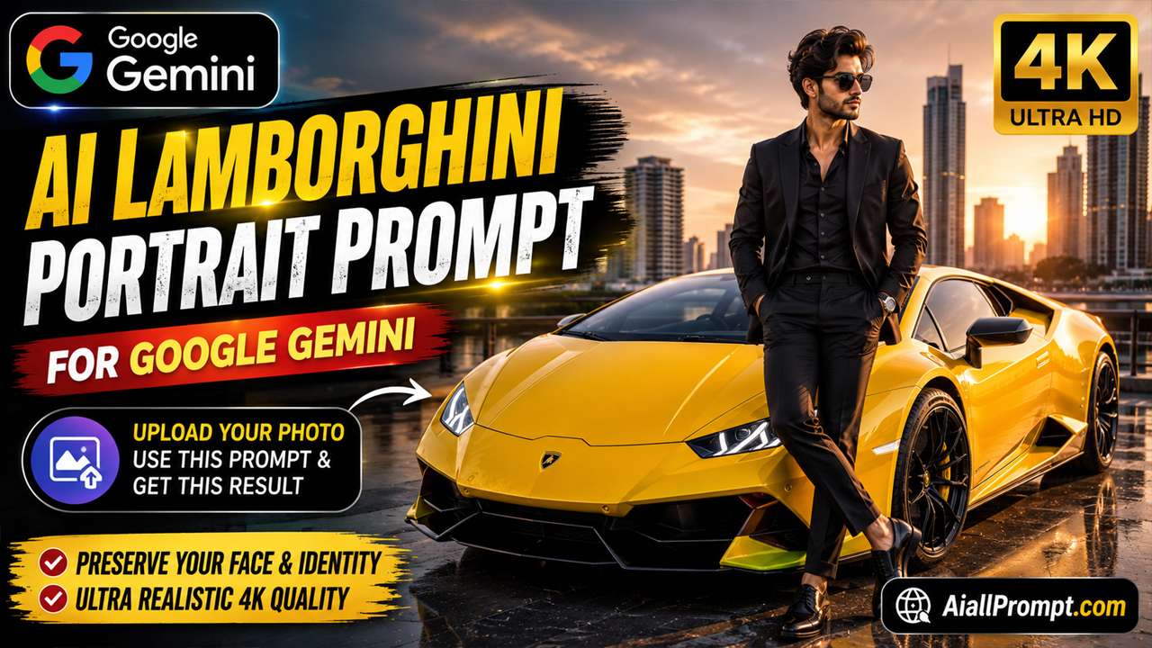 AI Lamborghini Portrait Prompt for Google Gemini (Ultra Realistic Luxury Car Photo Transformation)
