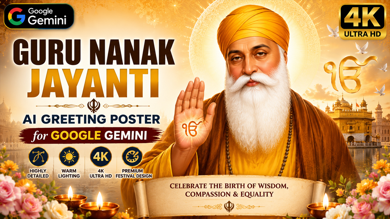 Guru Nanak Jayanti Greeting Poster AI Prompt for Google Gemini (4K Festival Poster)