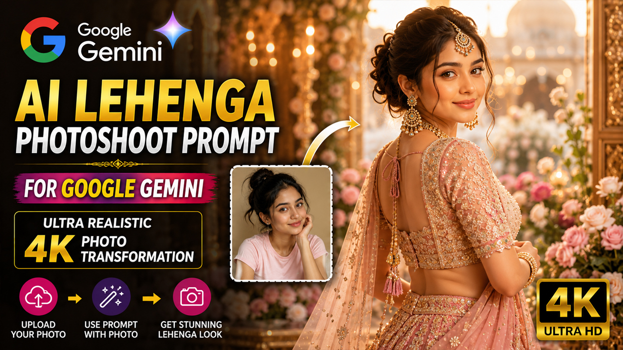 AI Lehenga Photoshoot Prompt for Google Gemini (Ultra Realistic 4K Photo Transformation)