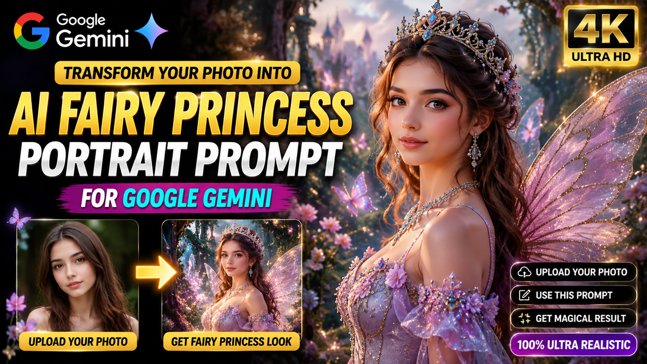 AI Fairy Princess Portrait Prompt for Google Gemini (Transform Your Photo into a Magical Fairy Princess)