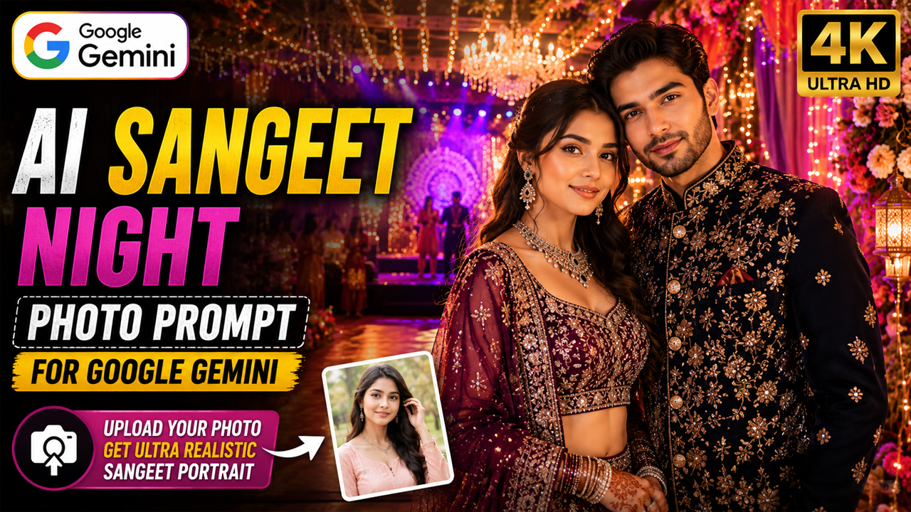 AI Sangeet Night Photo Prompt for Google Gemini (Ultra Realistic 4K)