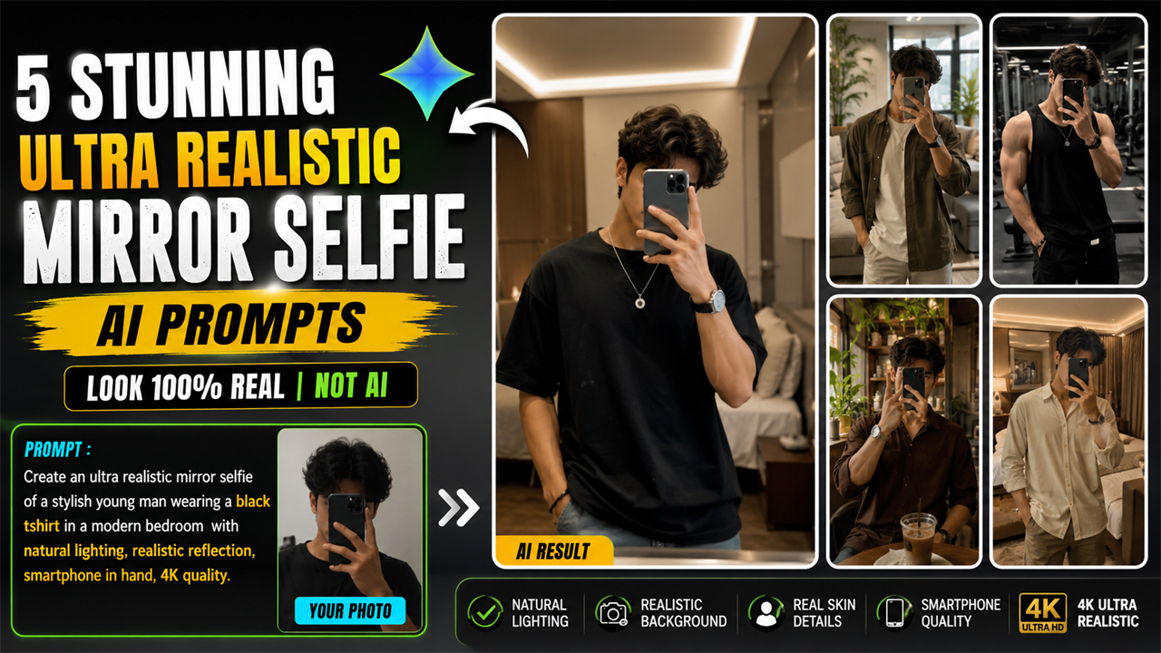 5 Stunning Ultra Realistic Mirror Selfie AI Prompts for Boys (2026)