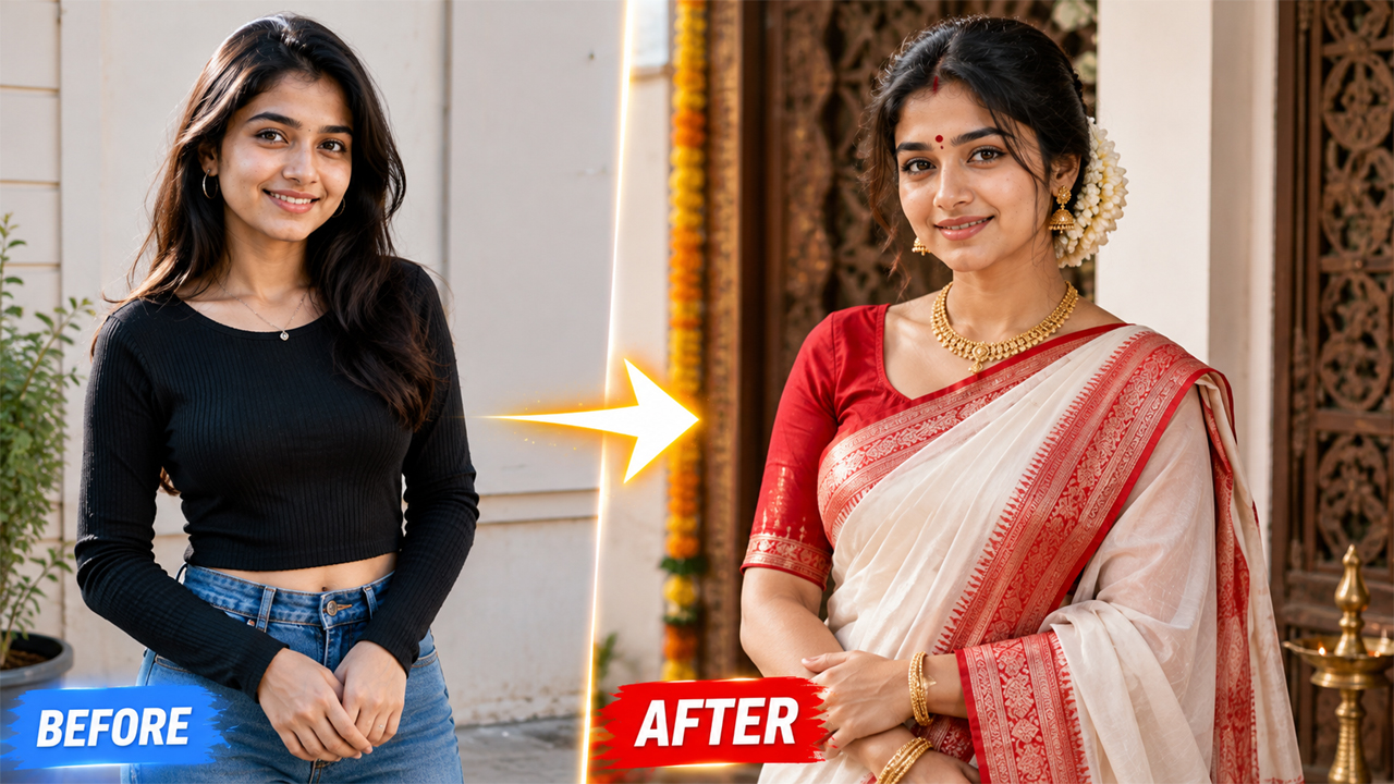 Gemini Prompt to Make a Girl Wear a Bengali Saree